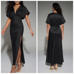 AW Valeria Black Metallic Crystal Satin A-Line Dress | 14 | Ankle Length | NWT